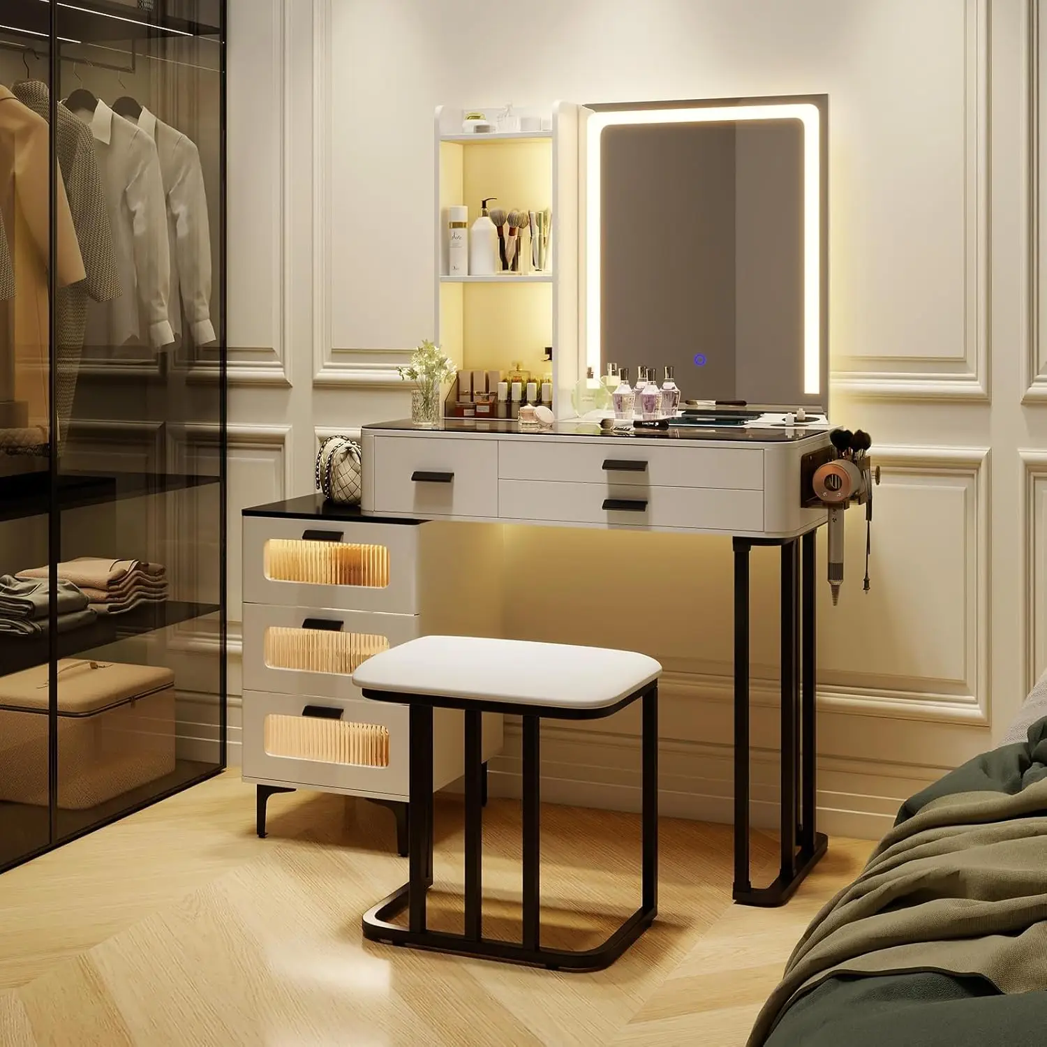 Modern Vanity Desk with Mirror & Lights, Makeup Vanity and Stool Set with 3-Color LED Lights & Charging Station, Dressing Table image 3