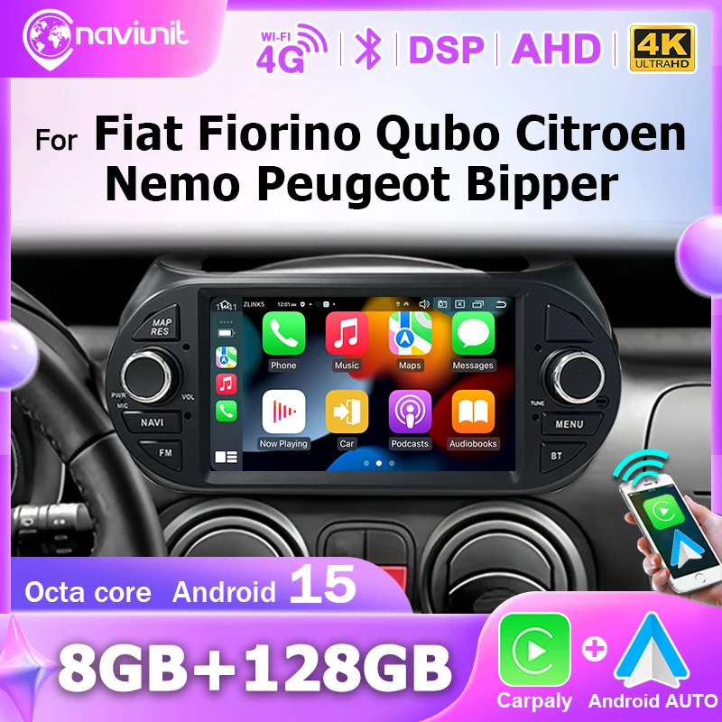 Autoradio sans fil Carplay Android 15, écran pour Fiat Fiorino, Citroën Nemo, Peugeot Bipper, autoradio multimédia audio