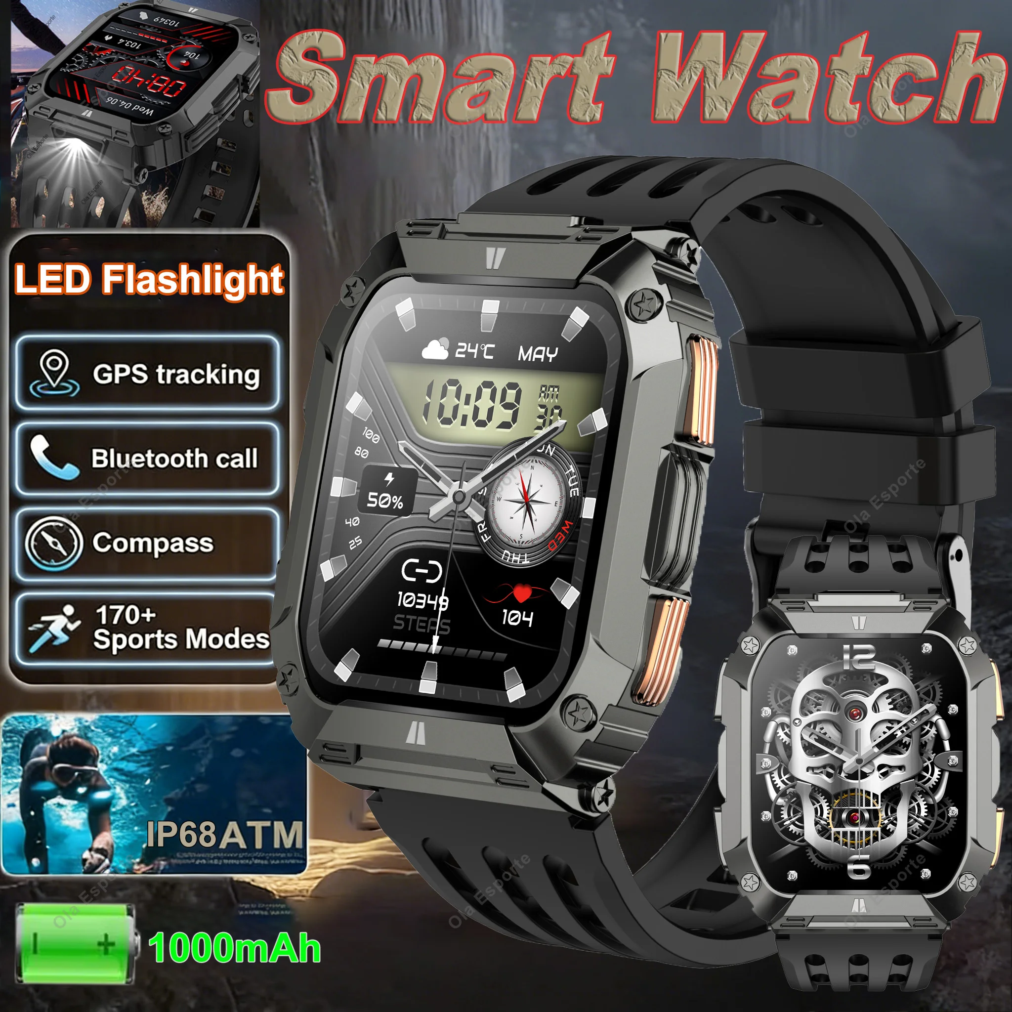 

Outdoor Sports Smart Watch 1000mAh IP68 WaterProof Military Watch Fitness Tracking Health Monitoring LED Flashlight Smartwatch