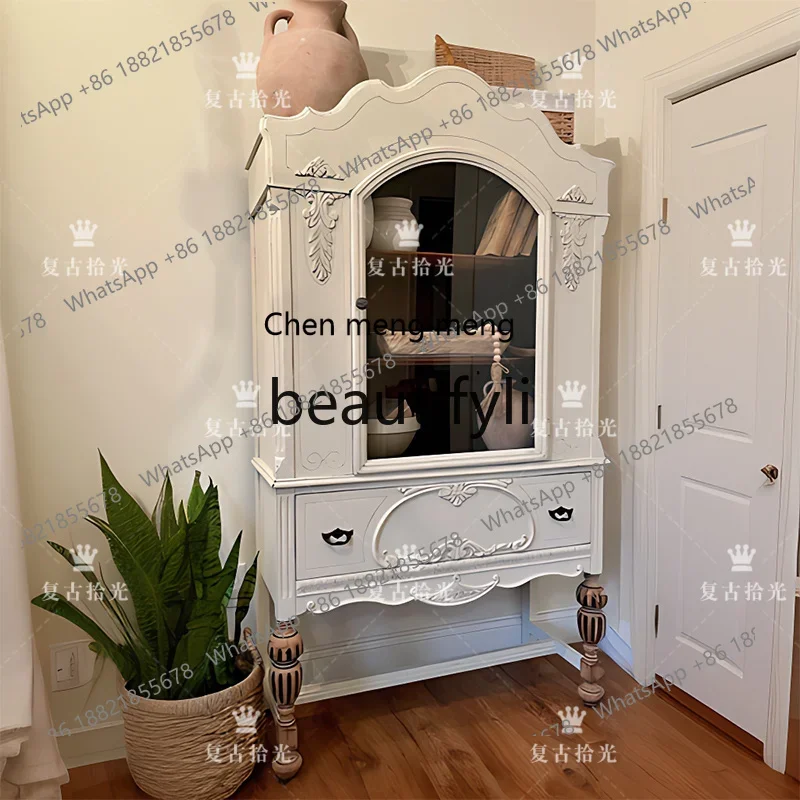 French solid wood retro wall wine cabinet high cabinet European American carved storage decorative cabinet