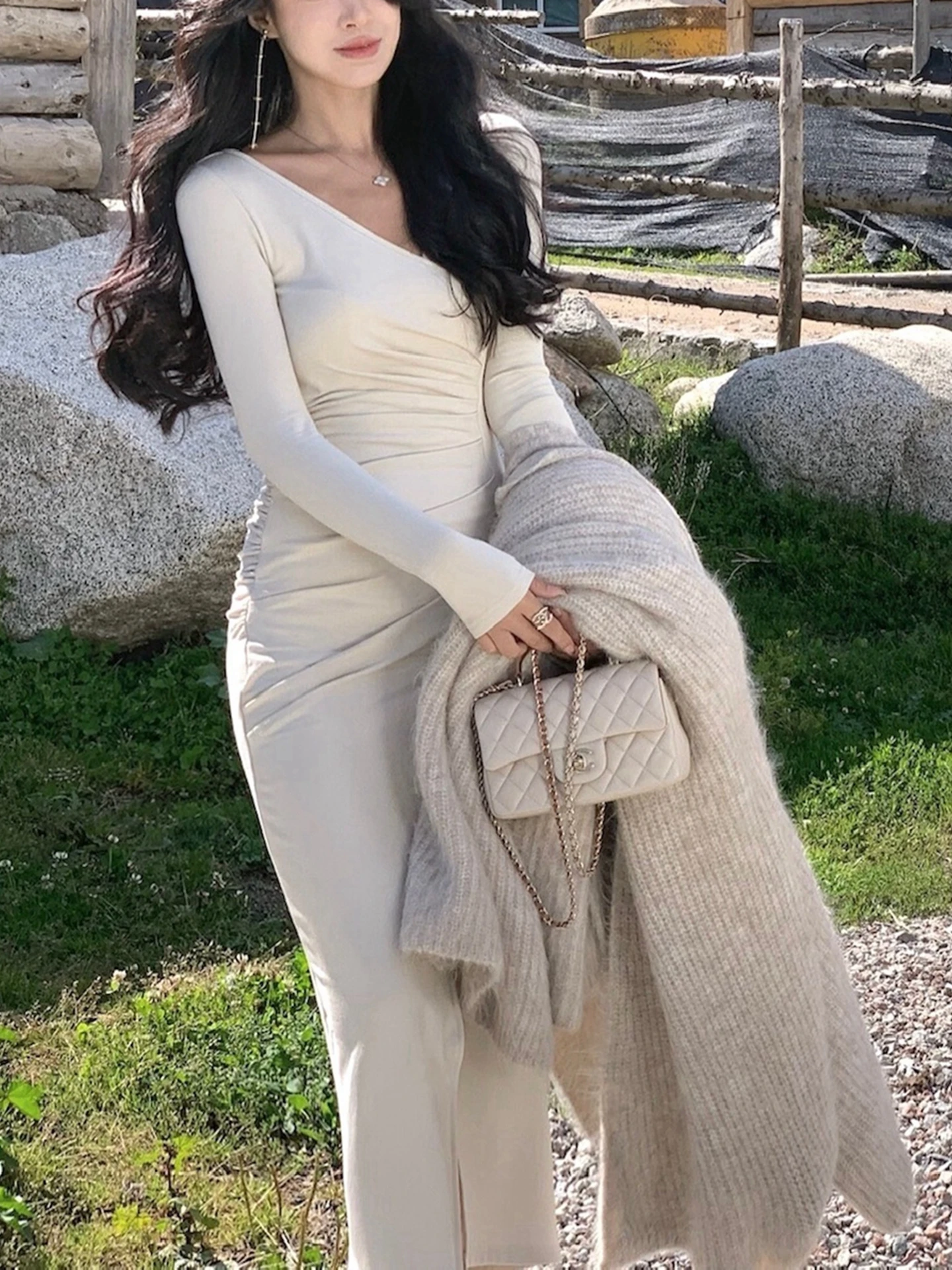 

Ele High-Waisted Slim-Fit Long Dr with Side Slit for Women Sli Design Polyester Fabric Non-Stretch Autumn Dr