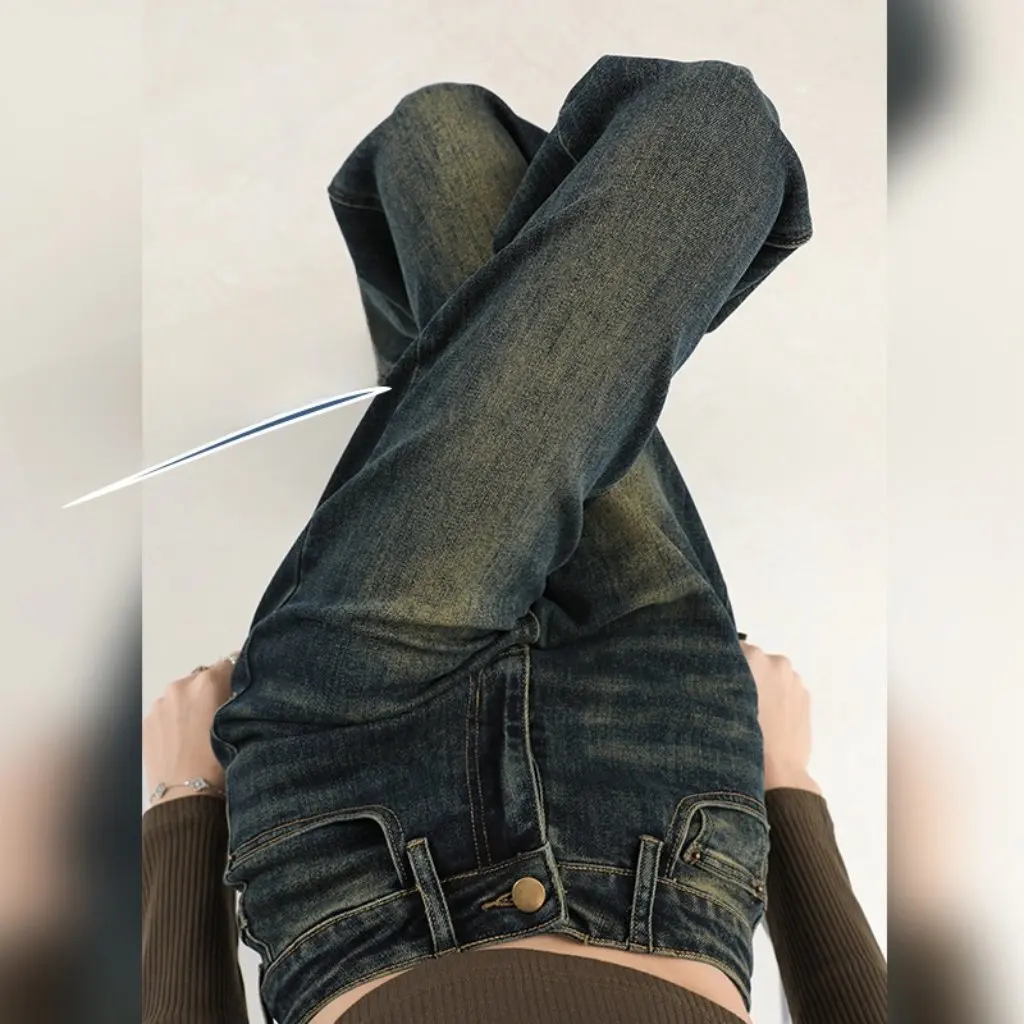 

Women's Vintage Color Narrow Wide Leg Jeans Retro Straight Pants Small Stretch Nostalgic Style Spring New Arrival