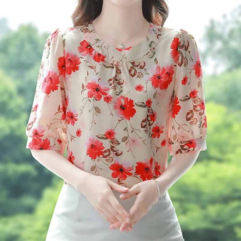 Women\'s Clothing 2023 Summer Thin New Casual Korean Loose Office Lady Printing Half Sleeve O-neck Pullovers Temperament T-Shirts