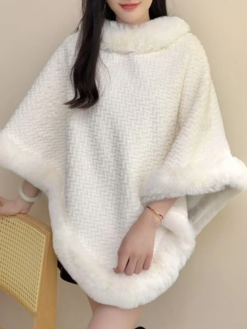 【1 Piece】Woven Rope Pattern Women's Pullover Cape Poncho Shawl with Fringe, Fleece-Lined, Thickened, Soft Faux Rabbit Fur Collar, Loose-Fitting Autumn and Winter Coat Cape