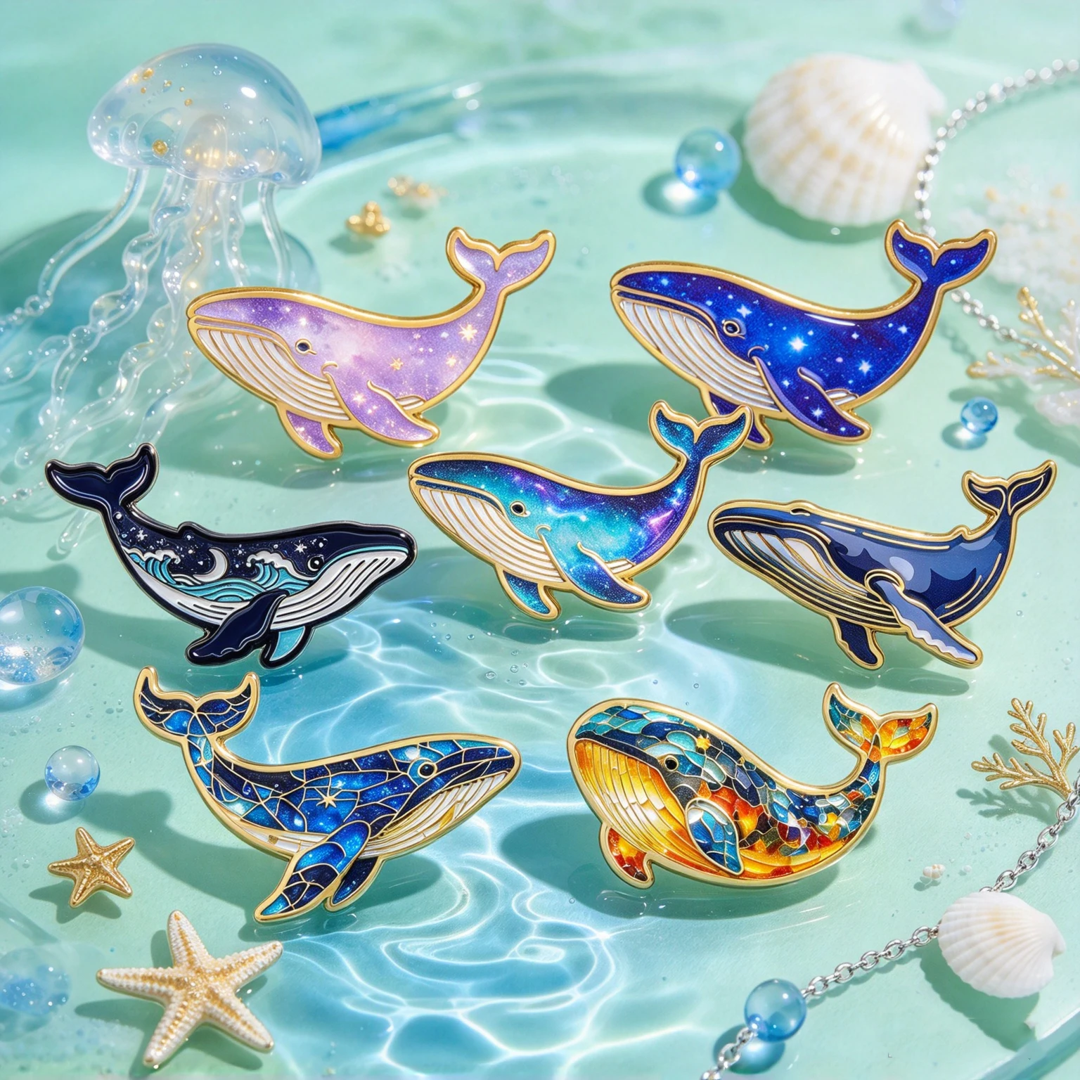 7pcs/Set Colorful Whales Enamel Pin Stained Glass Brooch Pines Lapel Pins Badge on Backpack Costume Accessories Jewelry Gifts