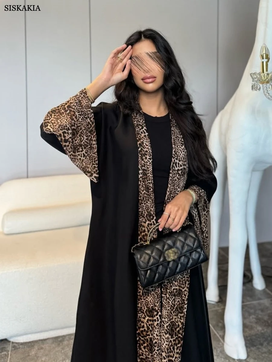 

Siskakia Fashion Leopard Print Maxi Abaya Dubai Patchwork Sleeve Hijab included Muslim Woman Costume 2025