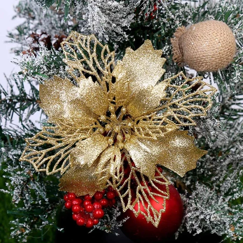 Poinsettia Flower Artificial Christmas Decorations Glitter Xmas Tree Ornaments DIY Decor for Wreath Weeding Home Party