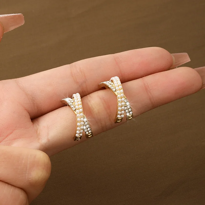 Fashion New Korean Geometric Cross Zircon Hoop Earrings For Women Handmade Sweet Simulated Pearl Circle Jewelry Gifts