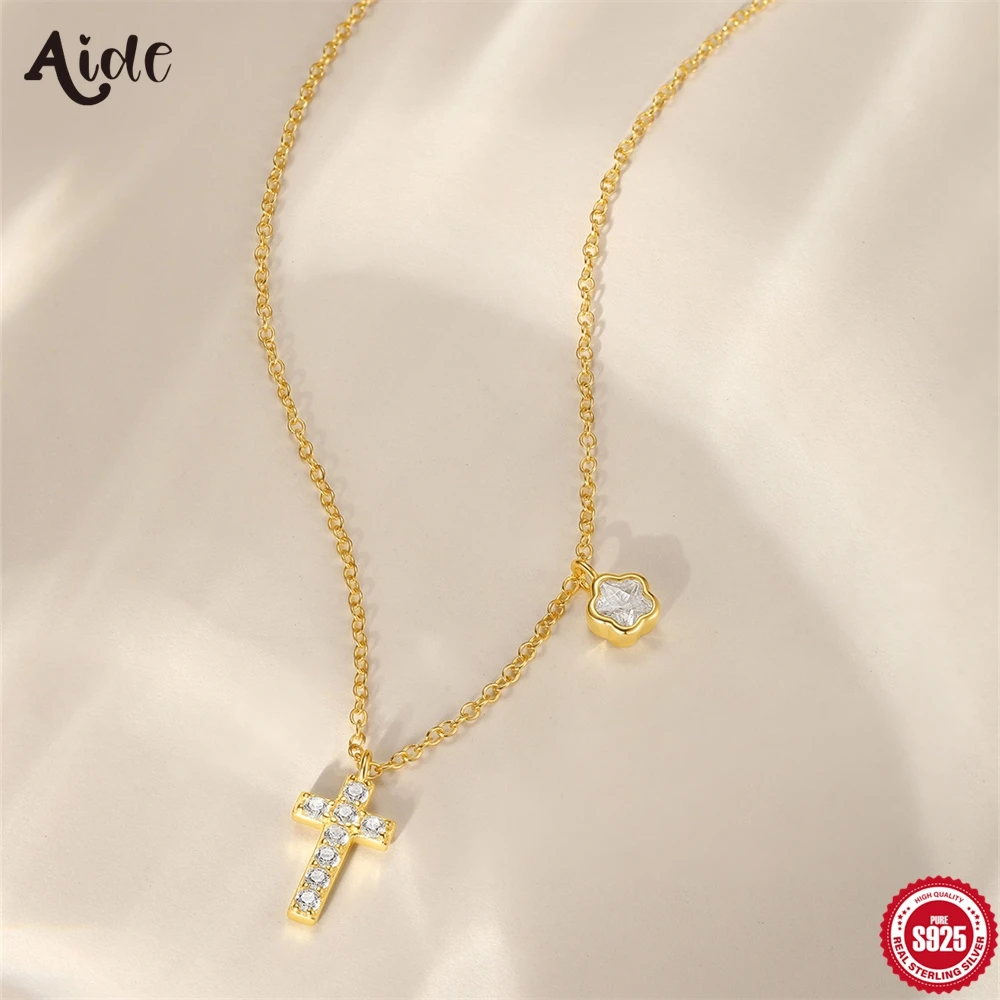 Aide 925 Sterling Silver Cross Zircon Chokers Necklace Fashion INS New Design Multi-layer Star Moon CZ Pendant Necklace Jewelry