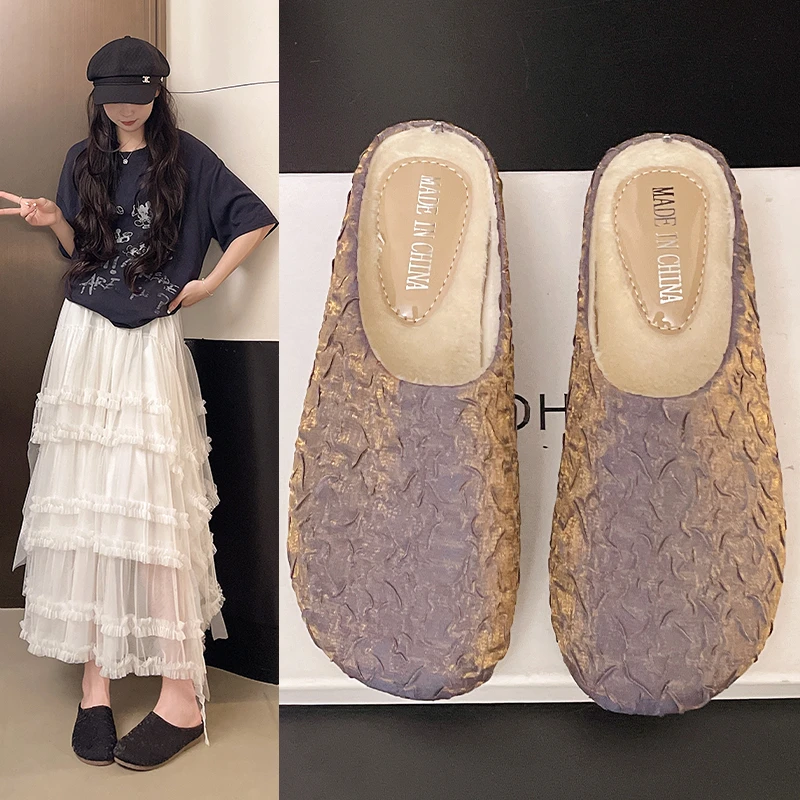 

Зимние теплые плюшевые сабо, женские меховые тапочки с одним ремешком, уютная хлопковая обувь, женские флисовые шлепанцы на плоской подошве с закрытым носком, женские шерстяные Pantuflas