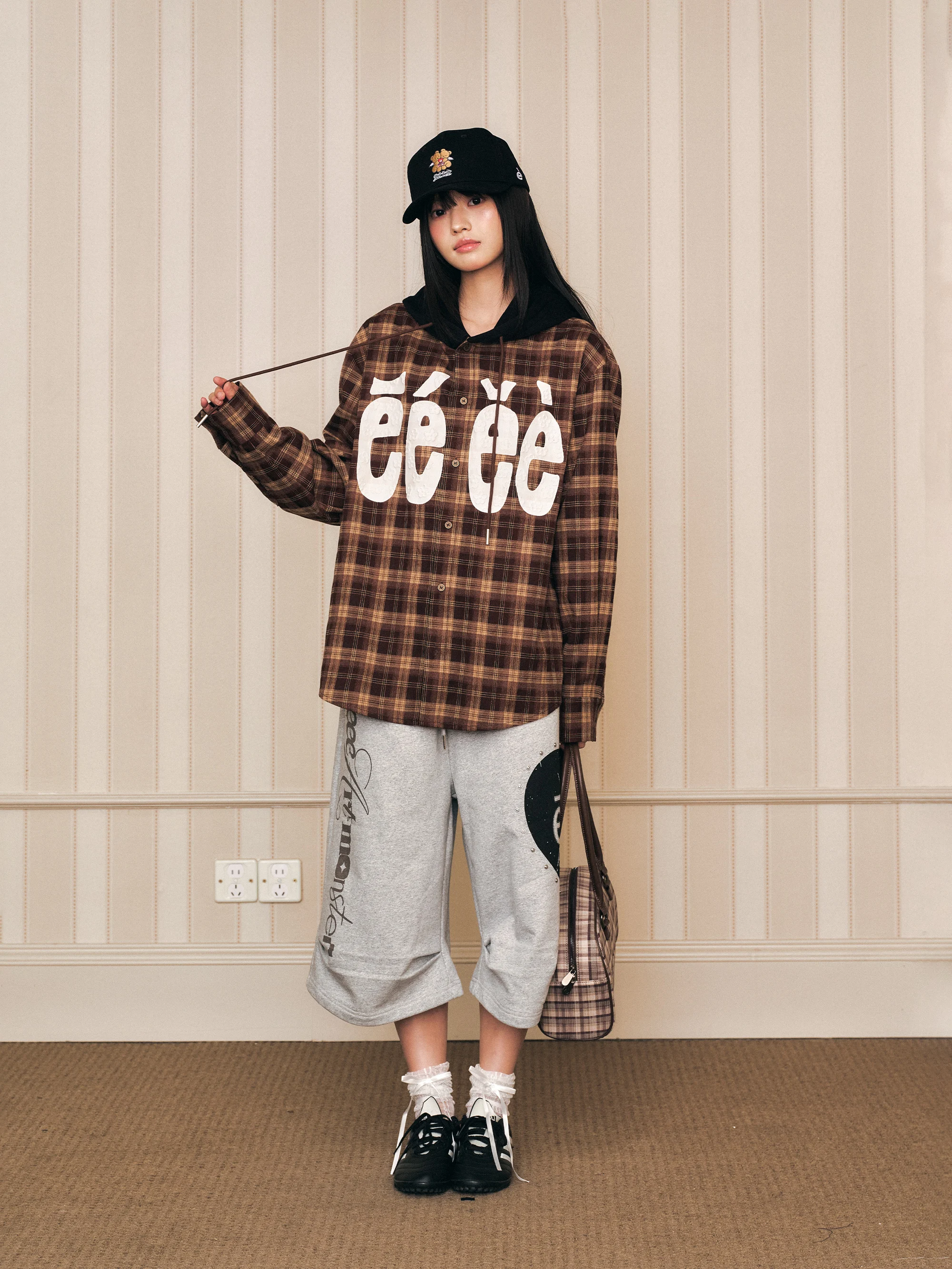 Retro Plaid Hooded Letter Foaming Print Spring Summer Autumn Outerwear Shirt Standard Fit Polyester Viscose Spandex Blend