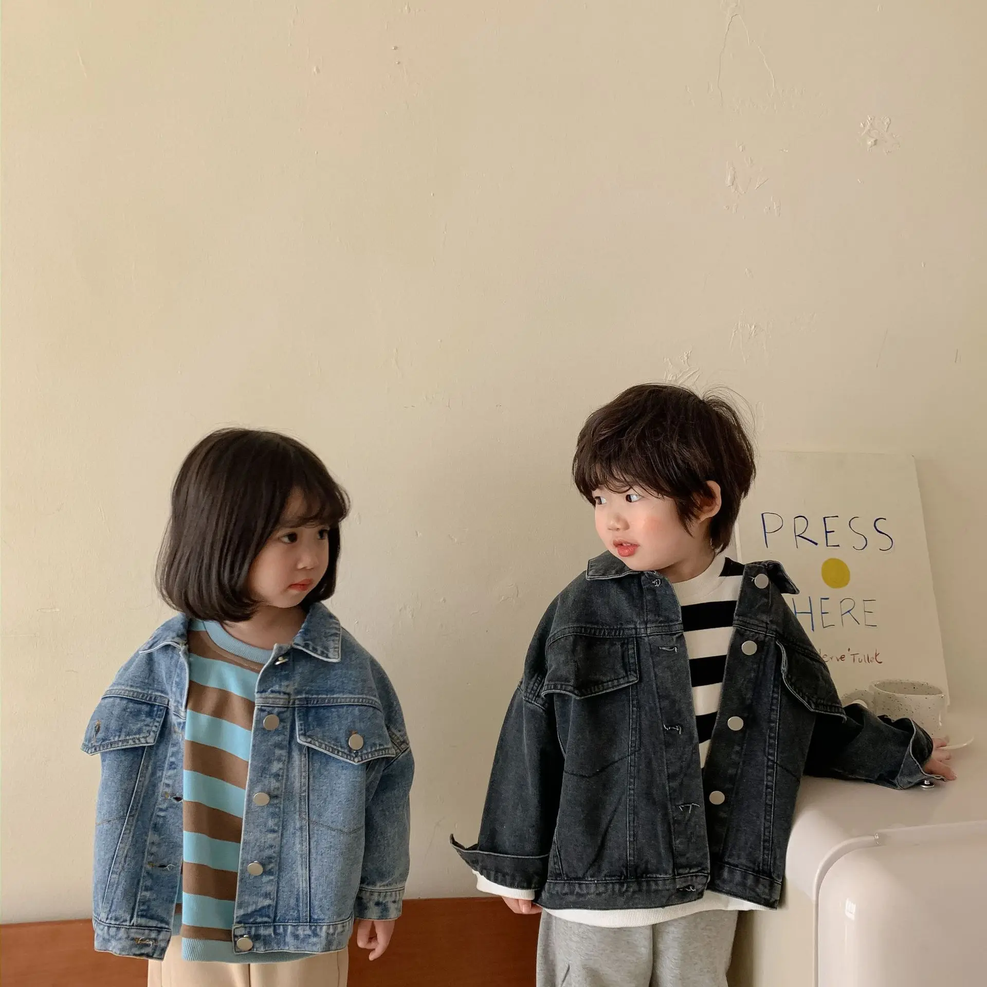 Spring Fall Boys and girls Casual All-match Denim Jackets 2-6 Years Kids Turn-down Collar Long Sleeve Coat Children Loose Tops