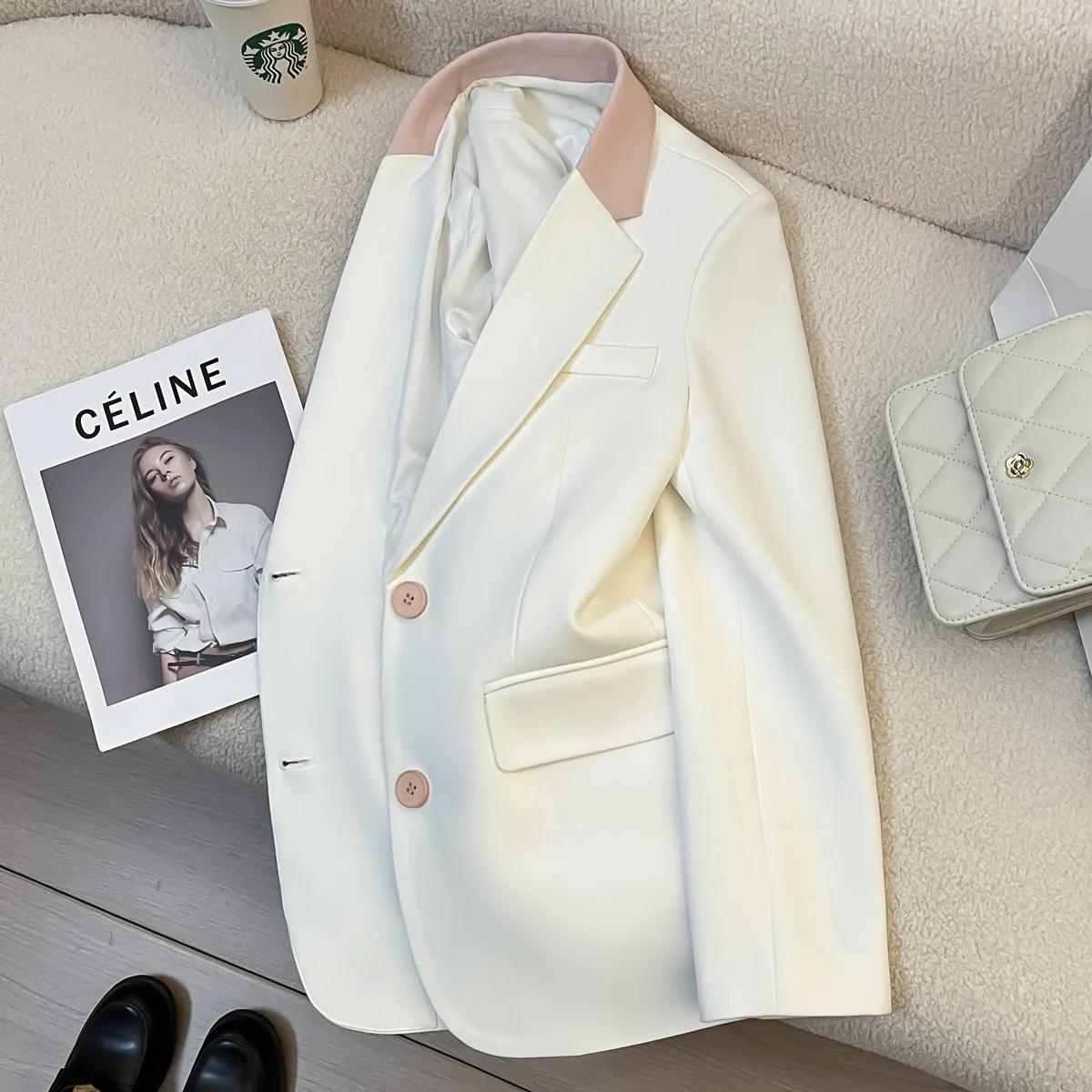 Popularne koreańskie ubrania w stylu old money, czarna marynarka damska, płaszcz damski, uniwersalny biały krótki rękaw, europejsko-amerykański, prosty.