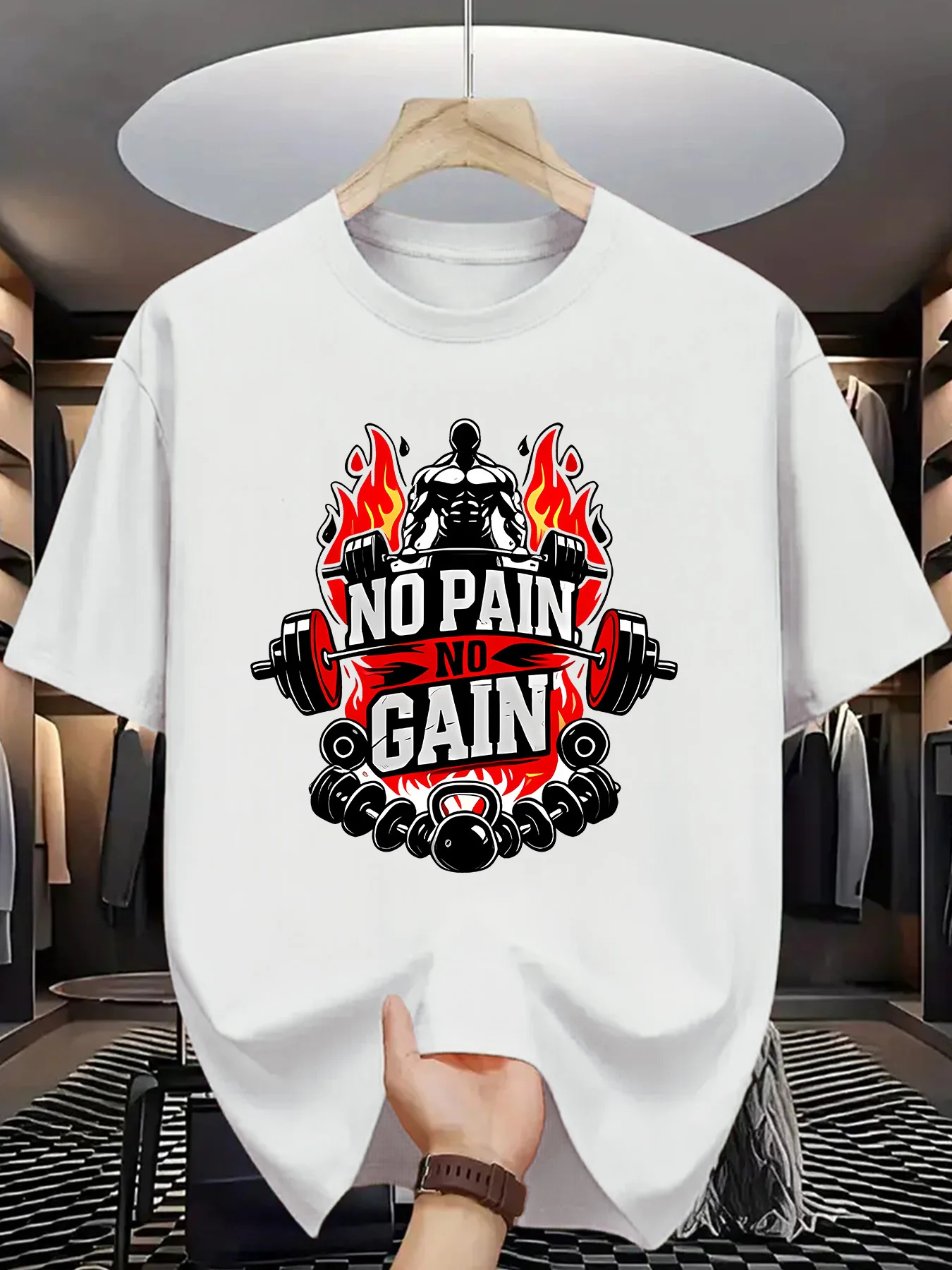 Fitness Gym Men Short Sleeve Tshirt No Pain No Gain Bodybuilder Dumbbell Flame Print O Neck Tee Workout Male Casual Fashion Tops