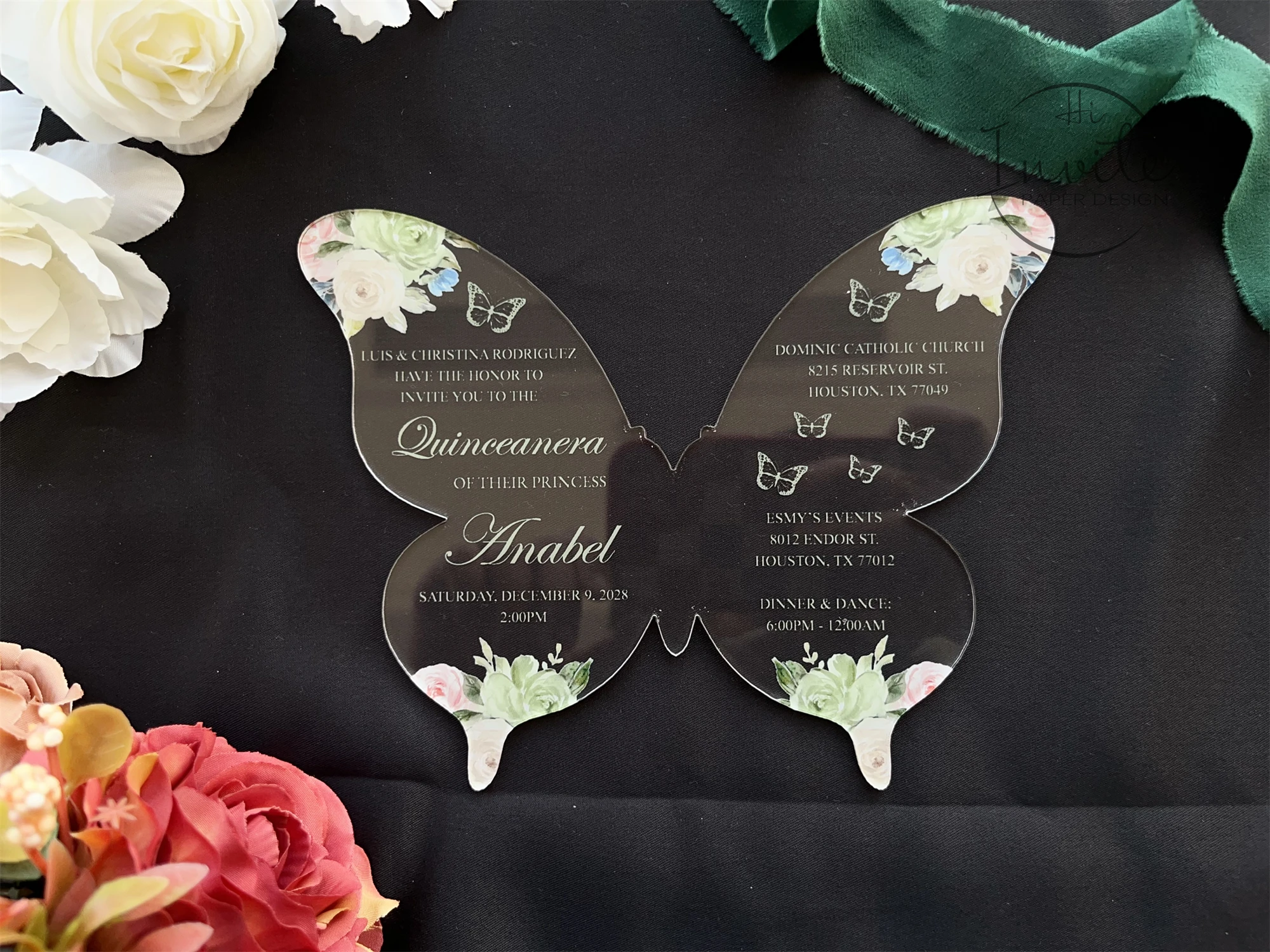 Sage And Blush Flower Quinceañera Butterfly Acrylic Invitation, Fancy Invite for Sweet 15 Birthday Celebration