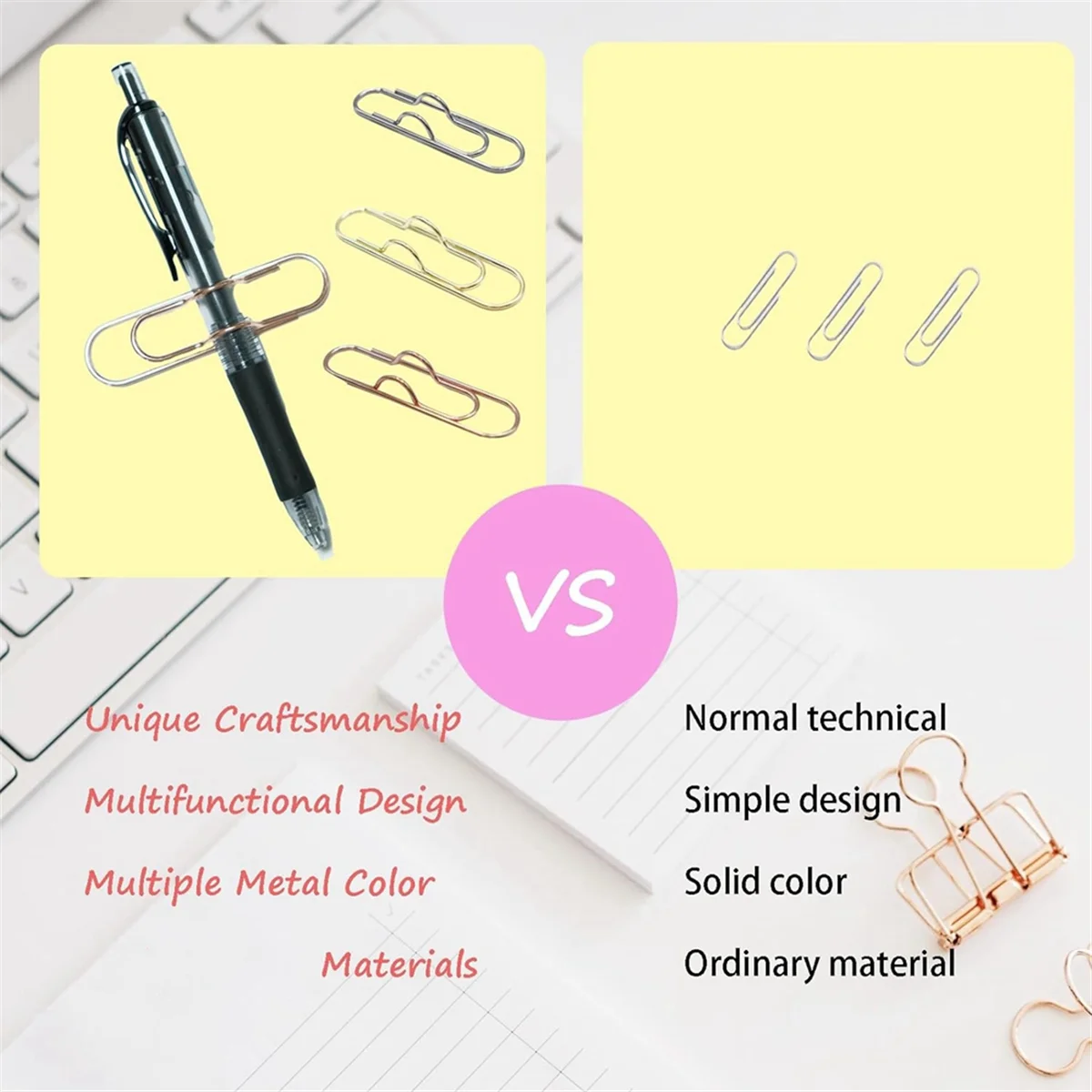 Multifunctional Metal Paper Clips and Pen Holder, Portable Office and College School Supplies Rose Gold (Pack of 20)