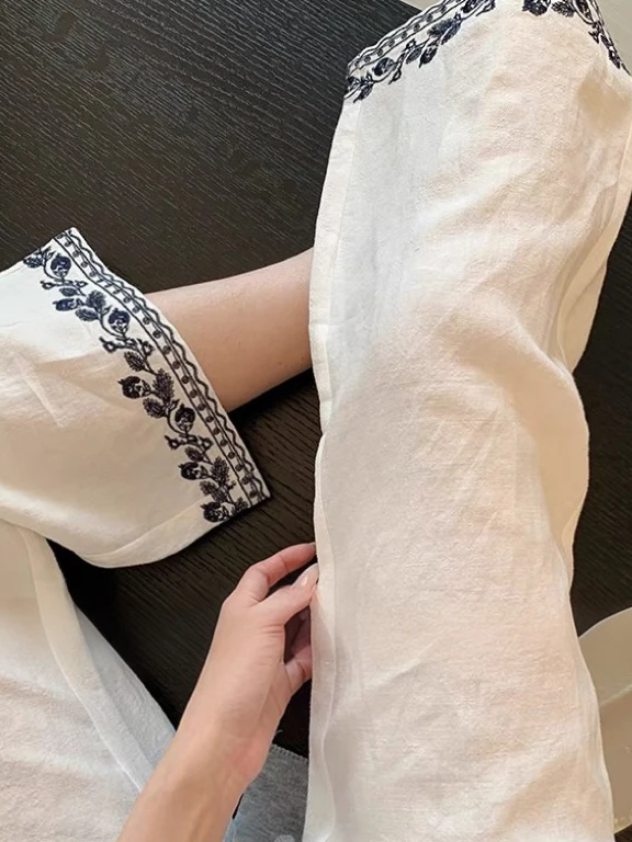 

Casual Embroidered Wide Leg Pants High Waist Straight Cut Linen Women's Anti-Aging Ele Old Money Sle Summer Trousers