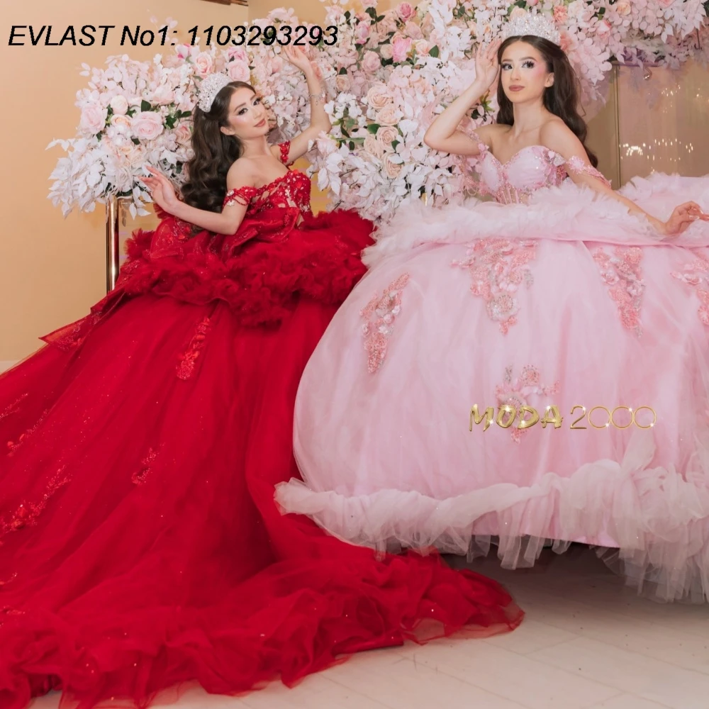

Индивидуальное платье EVLAST для Quinceañera, розово-красное, с блестками, бальное, с кружевными аппликациями, бисером и оборками, для Sweet 16, Vestidos De 15 Anos AQ202