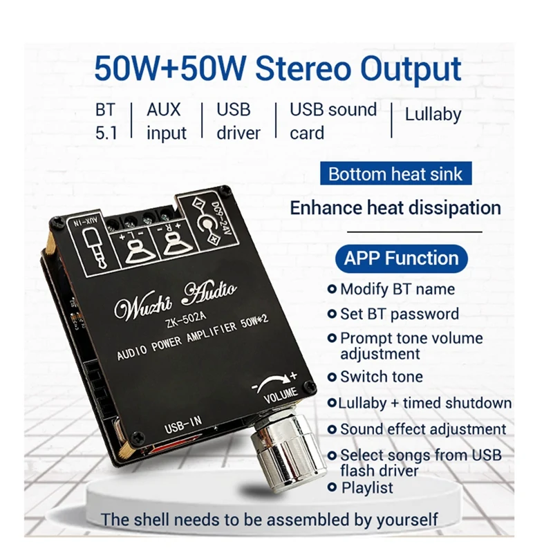 ZK-502A Mini Bluetooth 5.1 DC9-24V Audio Digital Power Amplifier Board Module 2.1 Channel 2.0 Stereo 50Wx2 Amp Board