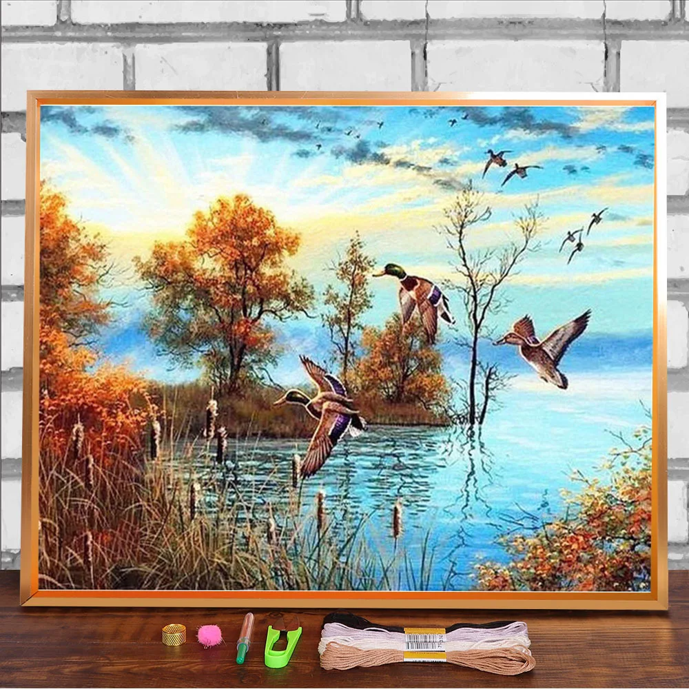 Scenery Autumn Tree Landscape Printed Fabric 11CT Cross Stitch Set DIY Embroidery DMC Threads Needlework Craft     Different