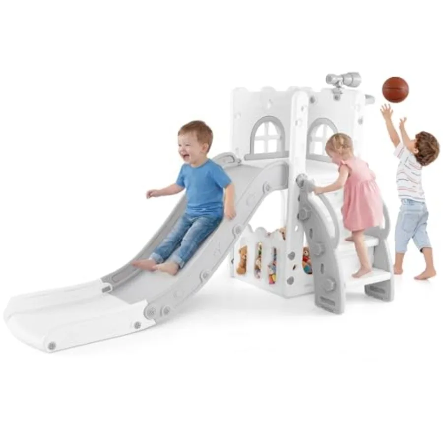 

Toddler Slide 6 in 1 Indoor Outdoor Playground with Climber Basketball Hoop Telescope Toy Storage for Boys Girls Aged 1+ Grey 2