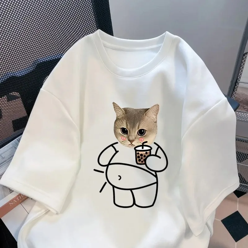 

Cute Cat Drinking Milk Tea Pattern 3D Printed Breathable Quick Drying Loose Comfortable Casual O-neck Short Sleeved T-shirt