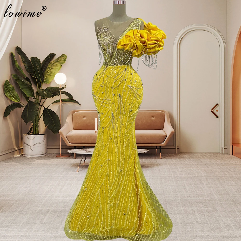 

New Elegant Yellow Evening Dresses Crystals Mermaid Prom Dresses For Women Robes De Soirée Photography Dresses Party Gowns