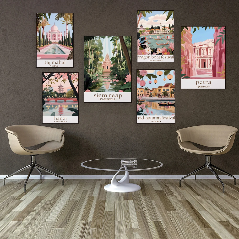 Varanasi Holi, Indian Diwali, Cherry Blossom Festival, Mid-Autumn Festival, Jordan, Taj Mahal, Vietnam, Cambodia travel posters