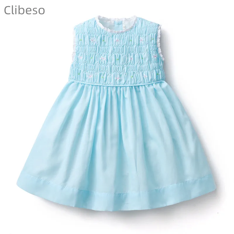 Clibeso Baby Girl Smocking Dress Children Hand Made Smocked Embrodiery Blue Cotton Dresses Girl Spanish Boutique Frocks Clothes