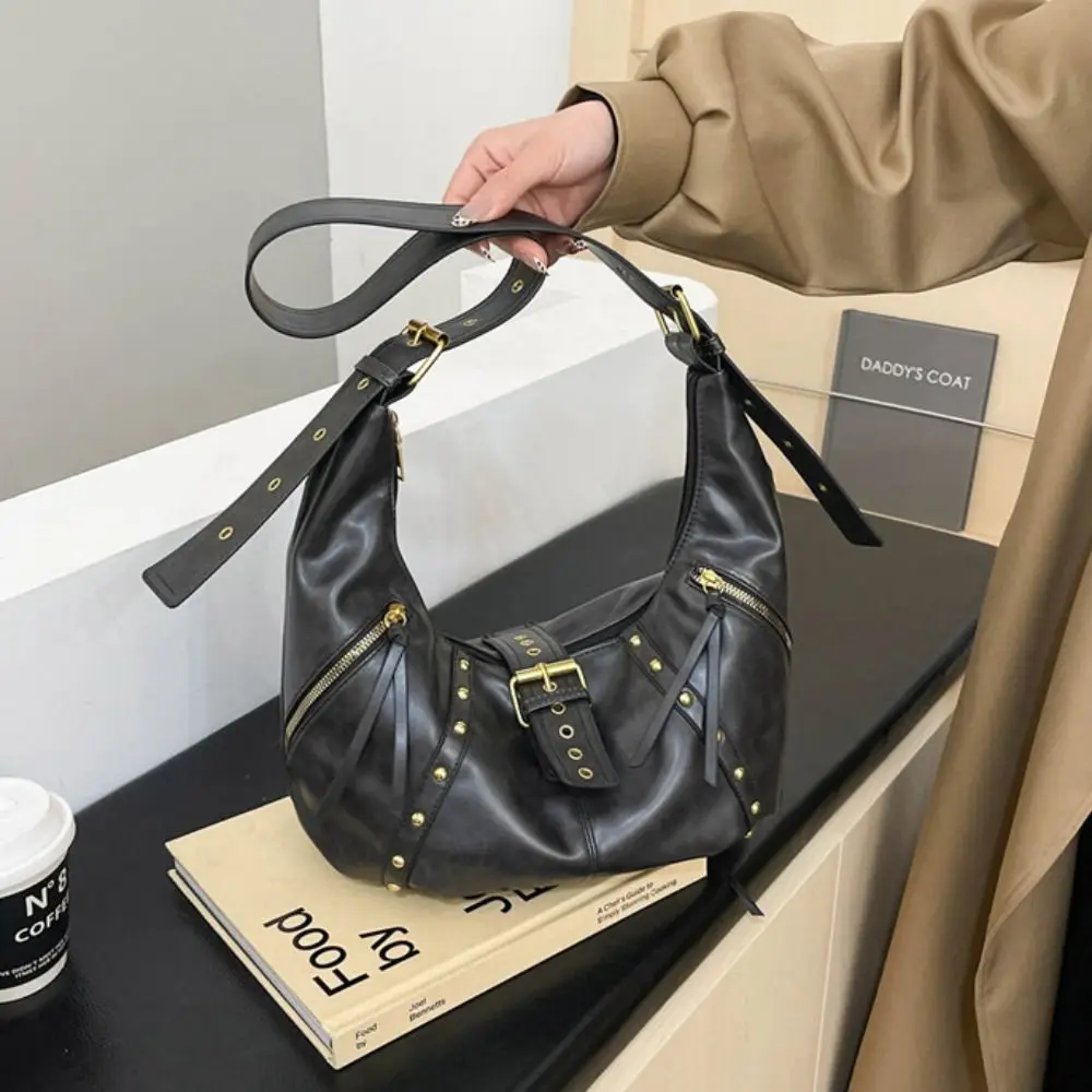 

Oil Wax LeatherRetro American Style Rivets Buckle Crossbody Bag Fashion Design Korean Style Locomotive Style Underarm Bag
