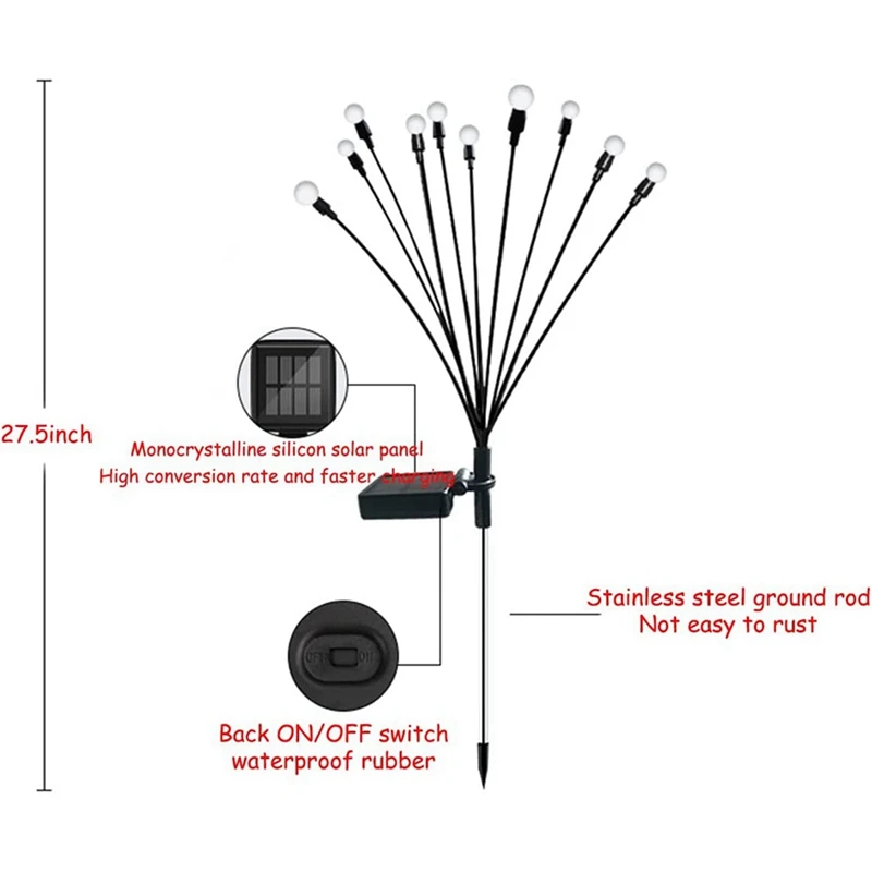 B69C-3PCS 10 Head Solar Powered Firefly Lights, 10 LED Outdoor Waterproof Solar Starburst Swaying Garden Lights