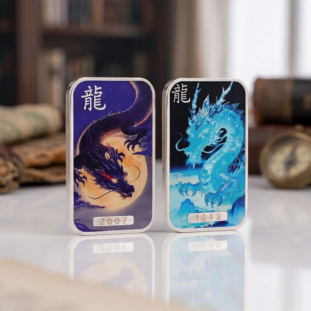 Silver-plated Pure Copper Black Fire Dragon & Ice Blue Dragon Chinese Zodiac 1oz 999 Fine Copper Bars Collectible Gifts