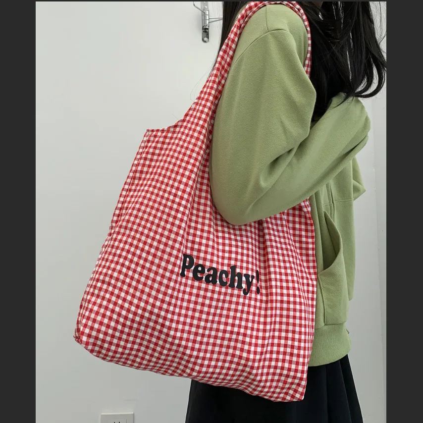 

Simple Plaid Canvas Bag for Women Large Capacity Vest Shoulder Bags Letter Design Girls Class Book Tote Handbags Shopping Bag