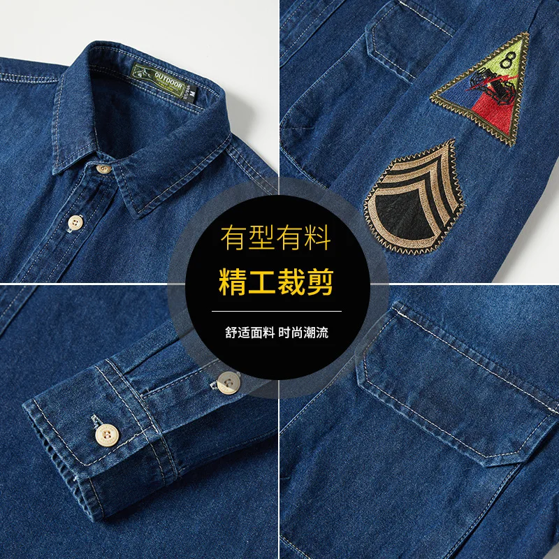 Men Long Sleeved Casual Denim Shirts High Quality Male Cotton Multi pockets Cargo Shirts New Spring Man Fashion Jeans Shirts 5XL