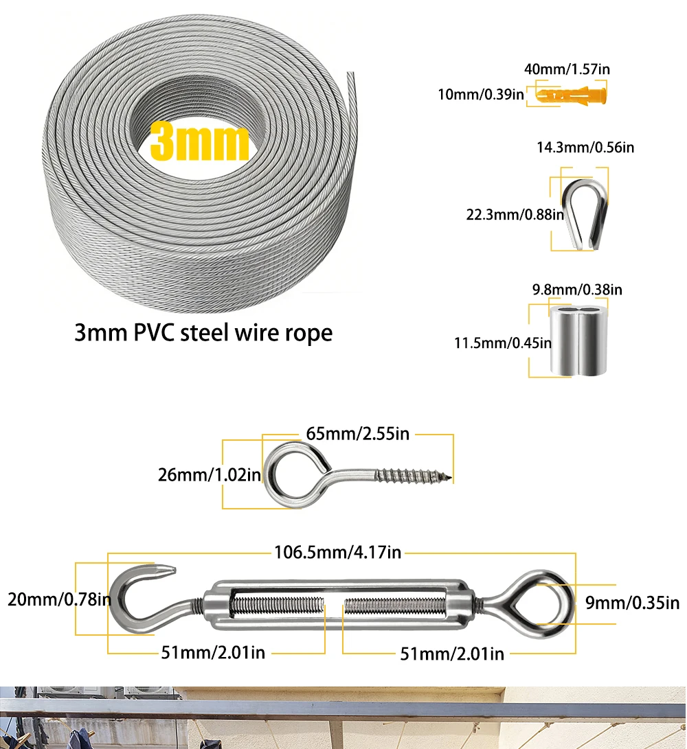 3mm Edelstahl-Drahtseil-Set mit PVC-Beschichtung, Hochleistungskabel für Balkongeländer, Farmzäune, Sonnenschutzvorrichtungen, Wäscheleine, 10-25m – Detail 1