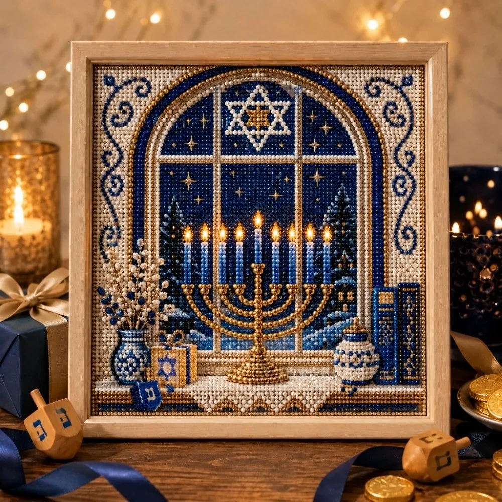 DIY Pearl Diamond Art Kit With Frame Resin Pearls Pearl Beads Craft Kit Pearl Beads 3D Pearl Diamond Painting Hanukkah