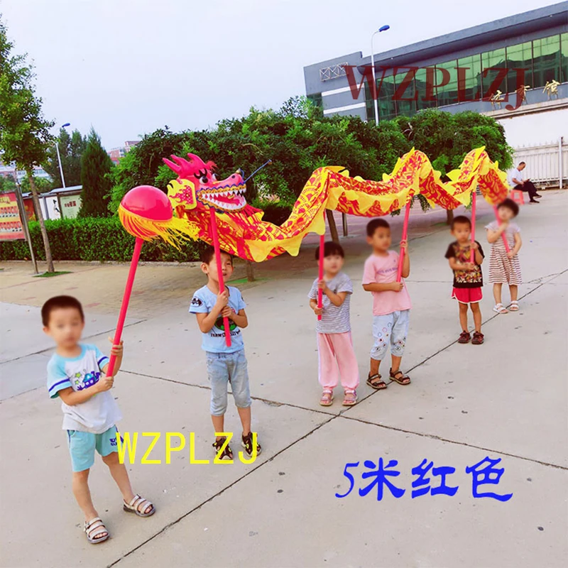 5m Golden Kid Dragon Dance Set Costume 6 Kids Children Outdoor Game Party Decor Performance Folk China Props Festival Carnival