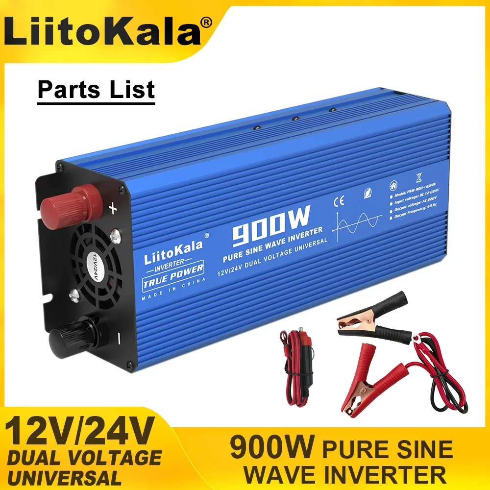 LiitoKala Intelligent 900W/1800W Sine Wave Inverter 12V/24V Input 220V 50Hz Output Multiple Protection Metal Shell