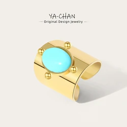 YACHAN Water Proof Stainless Steel Glossy Ring for Women Green Natural Stone Opening Gold Plated Rope Rings Trendy Jewelry Gift
