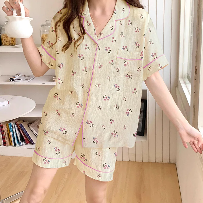 Summer New Ladies Cloud Cotton Pajamas Homewear Set Sweet Floral Short-Sleeved Shorts Pajamas Girls Homewear Set Student Homewea