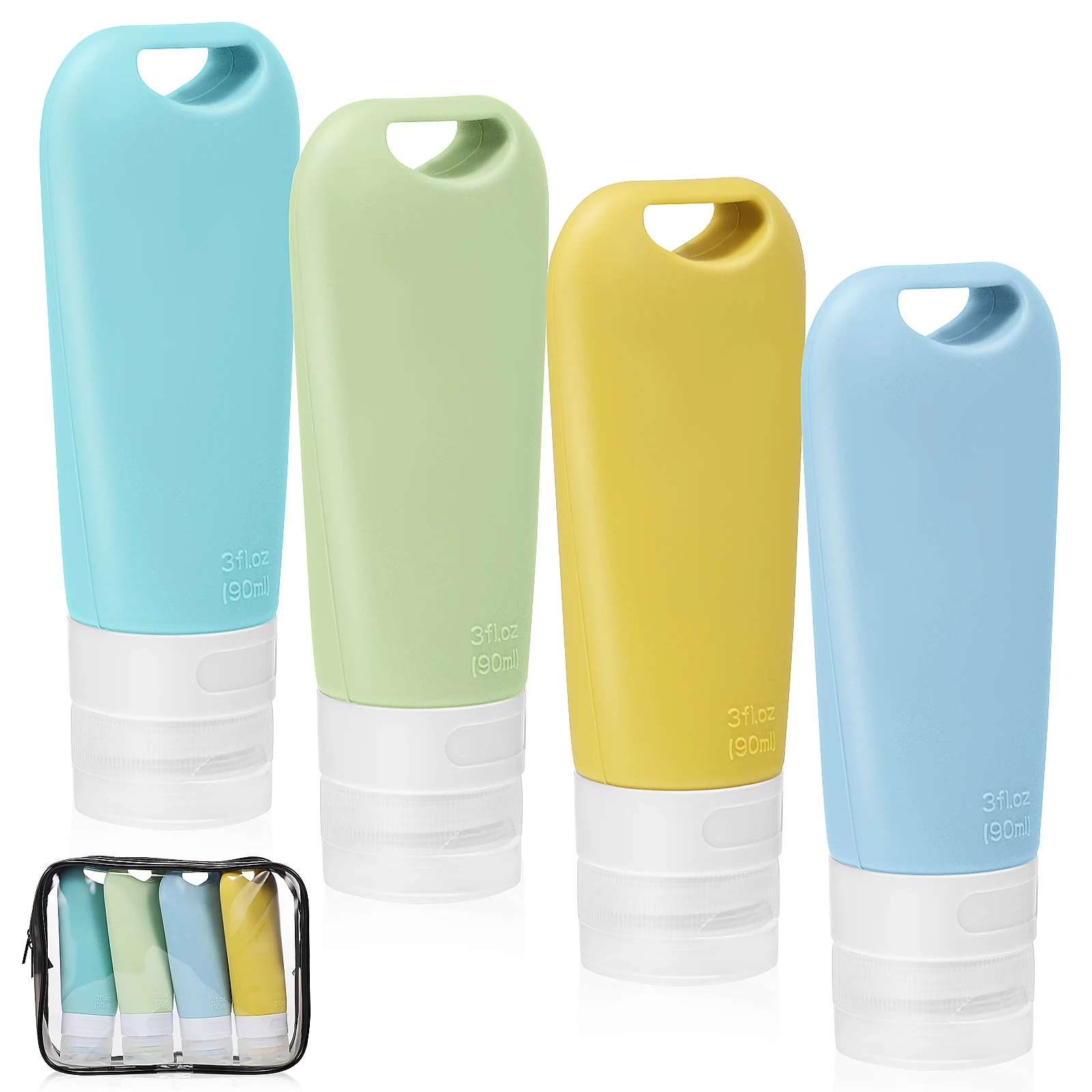 

4pcs 90ML Travel Size Toiletries Bottles Refillable Silicone Shampoo Containers Empty Lotion Bottles Blue Green Yellow