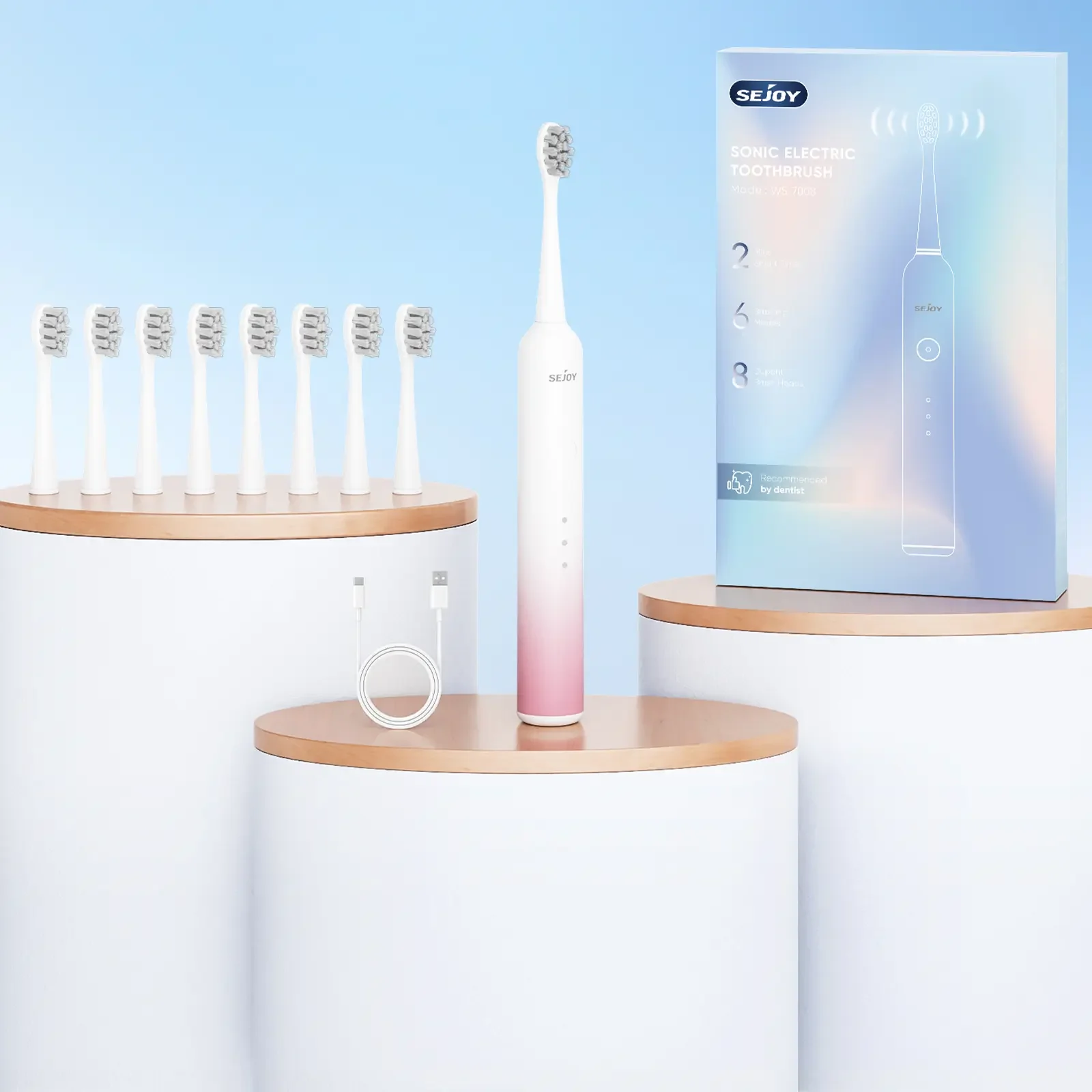 SEJOY Fade Color Oral Cleaning Personal Sonic Electric Toothbrush Care Appliances IPX7 6 Modes Smart Rechargeable Automatic