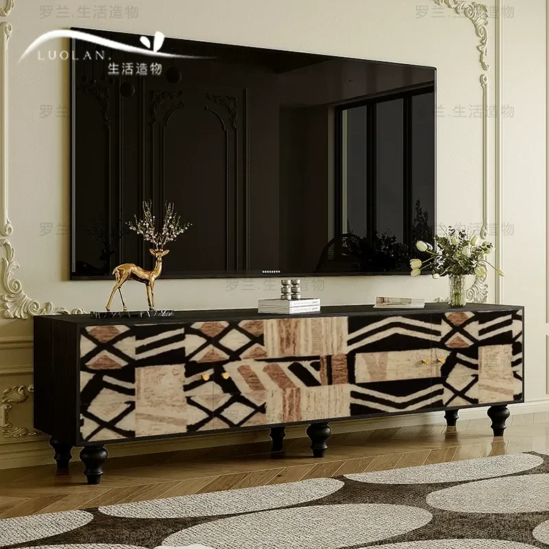 Retro Abstract Solid Wood TV Cabinet Vertical Storage Unit for Living Room Bedroom Bedside Decorative Integrated Cabinet