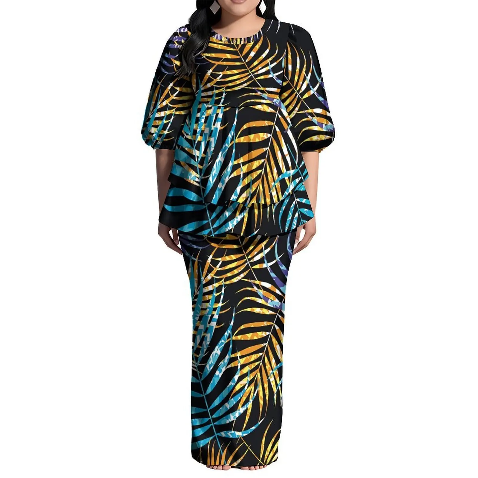 Pacific Art Island retro pattern puletasi floor-length dress, Hawaiian floral print cocktail party fiji women's evening dress se