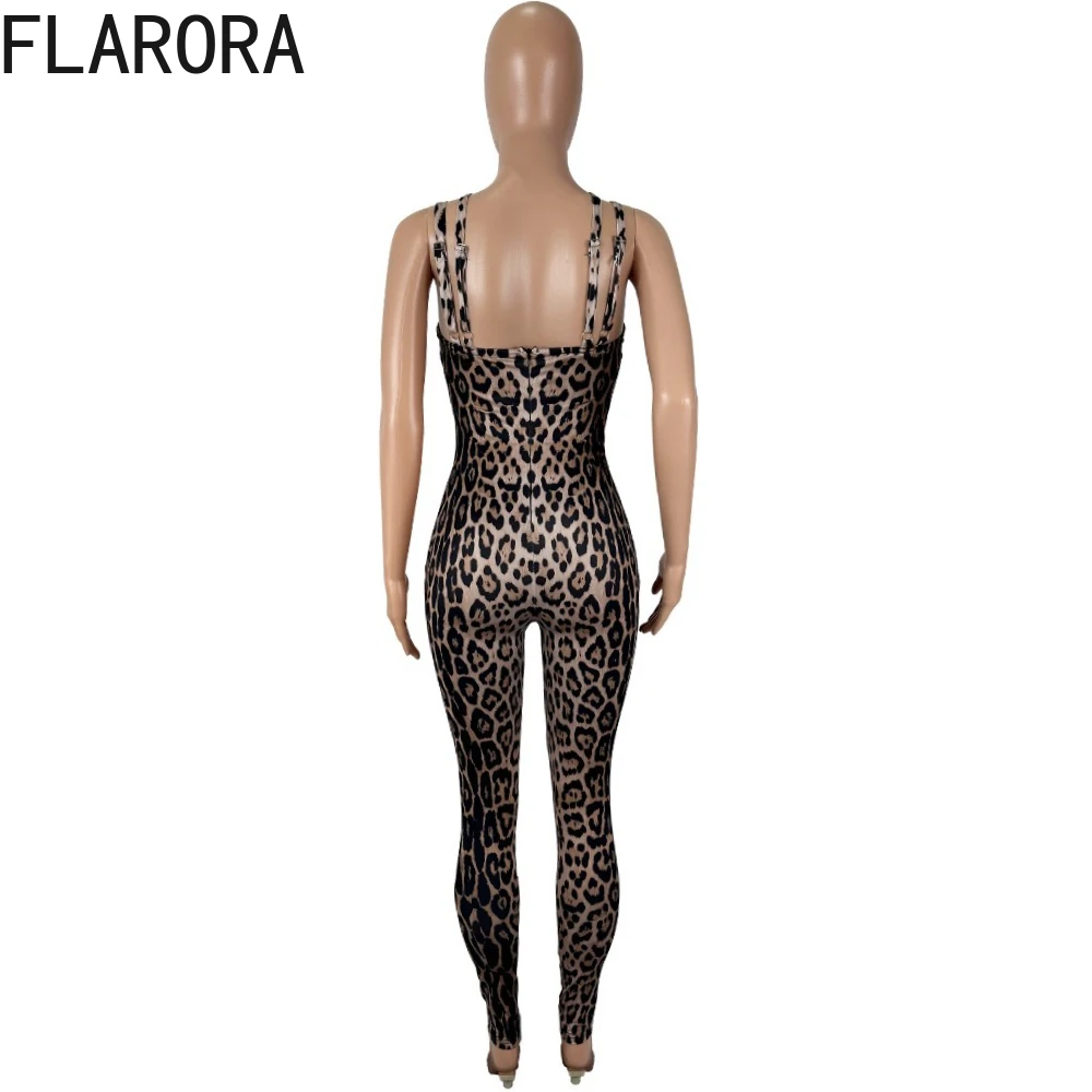 FLARORA Luipaardprint Jumpsuits Dames Band Lage Hals Skinny Eendelige Speelpakjes Wilde Stijl Stretch Slanke Streetwear Overalls