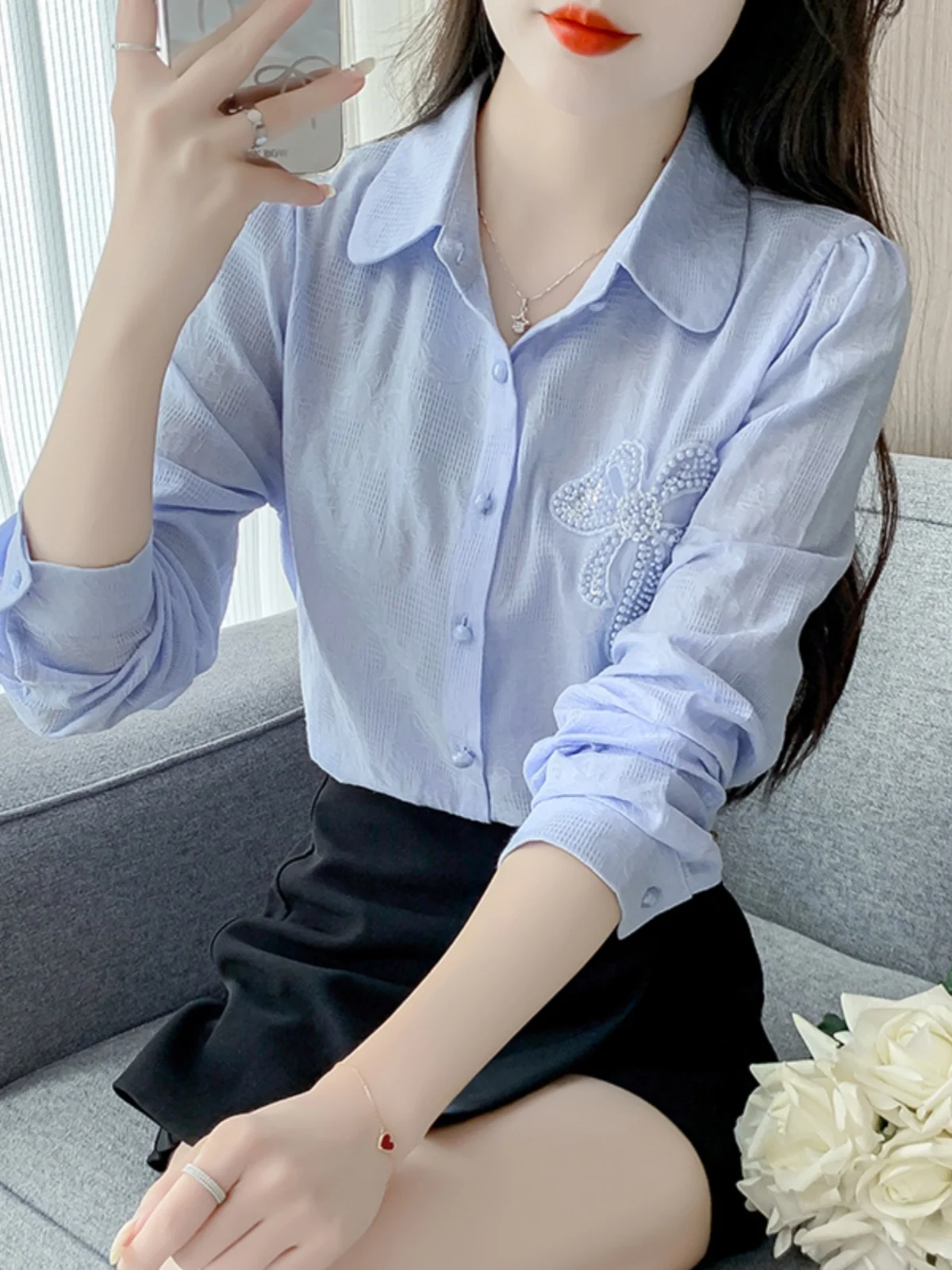 

Faionable Long Sve Cotton irt Heavy Embroidery Chiffon Base Layer Versatile Early Autumn Winter High End Feel Ne