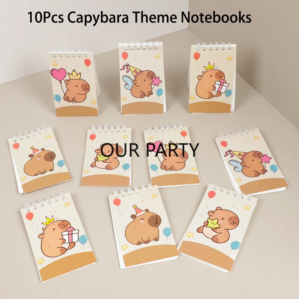 10Pcs Cartoon Animal Capybara Theme Portable Coil Notebook Mini Notepad for Kids Birthday Party Favors Back To School Rewards