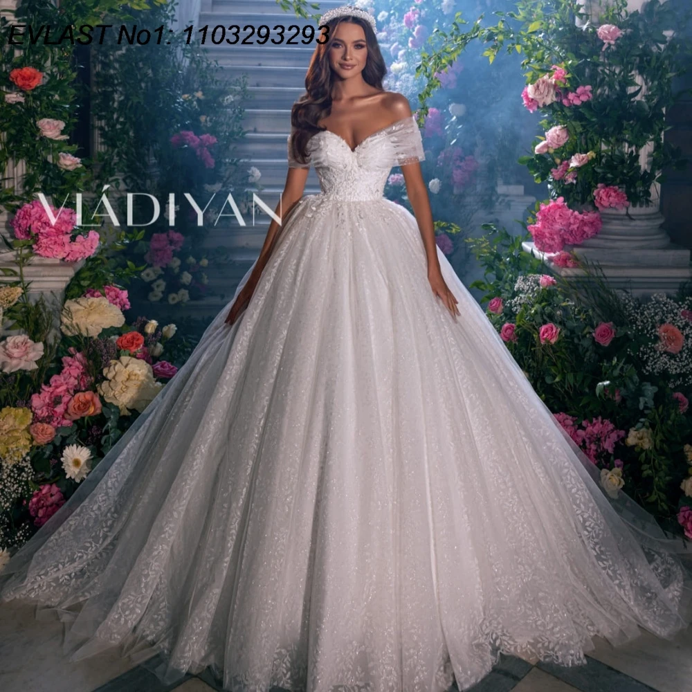 

EVLAST Customized Glitter A Line Wedding Dress Lace Applique Crystal Beaded Shiny Off Shoulder Bridal Gown Robe De Mariee TBD128