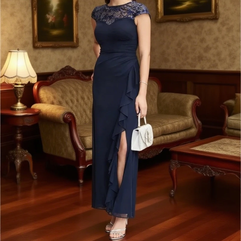 Exquisite Lace Beaded Ruffled Mother Dress Hat Sleeves Round Neck Pleated Body Ruffled Hem Formal Evening Dress Customized