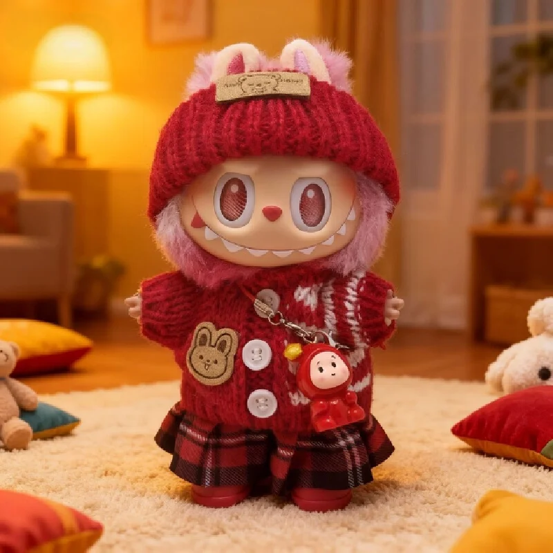 

Новогодний комплект одежды для Лабубу: платье, вязаная шапка и юбка (только для куклы Лабубу 17 см)